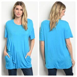 3/$15 Cerulean Blue Ruffled Blouse with Pockets
